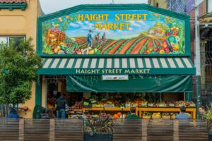 The colorful Hight Street Market with people buying fruits