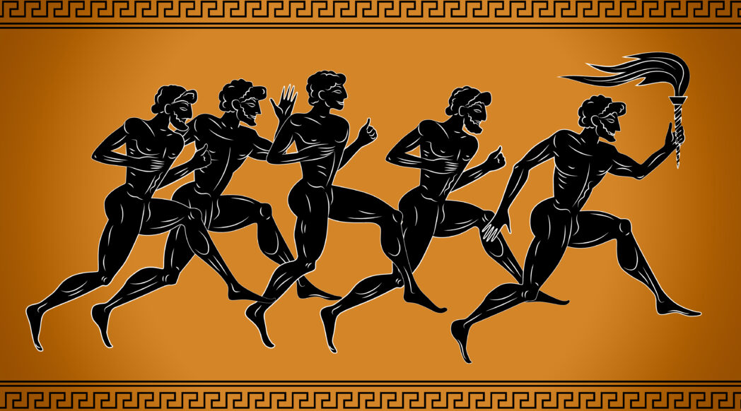 Traditional Greek pottery art with silhouettes of men running